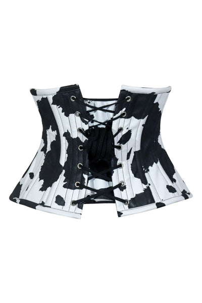 Lavish Black/White Cow Print Faux Leather Underbust Mini Cincher Corset Top - Daisy Corsets