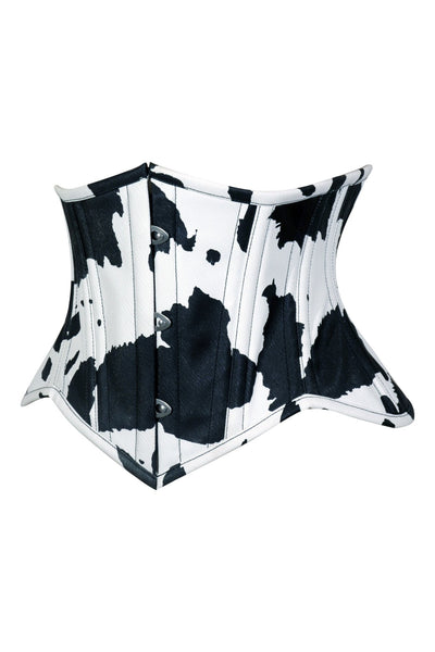 Lavish Black/White Cow Print Faux Leather Underbust Mini Cincher Corset Top - Daisy Corsets