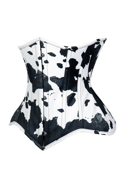 Lavish Black/White Cow Print Faux Leather Underbust Waist Cincher Corset Top - Daisy Corsets