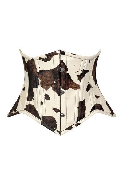 Lavish Brown/Cream Cow Print Faux Leather Underbust Mini Cincher Corset Top - Daisy Corsets