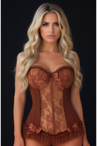 Lavish Caramel Lycra & Lace Hook & Eye Stretch Bustier Corset - Daisy Corsets