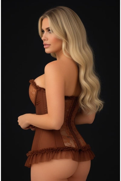 Lavish Caramel Lycra & Lace Hook & Eye Stretch Bustier Corset - Daisy Corsets
