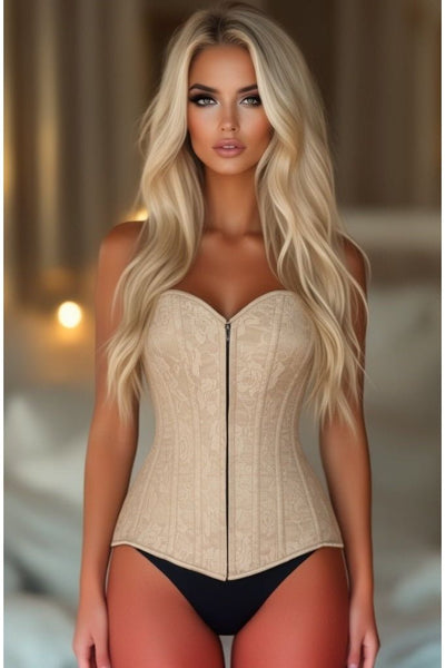 Lavish Dark Beige Lace Overbust Corset w/Zipper - Daisy Corsets