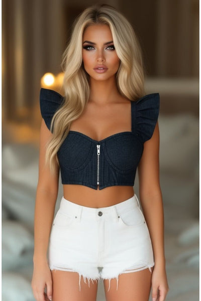 Lavish Dark Blue Denim Underwire Bustier Top w/Removable Ruffle Sleeves - Daisy Corsets