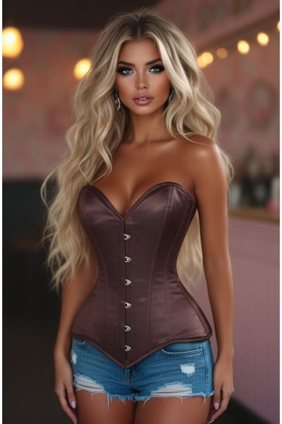 Lavish Dark Brown Satin Overbust Corset Sweetheart Neckline Busk Closure - Daisy Corsets