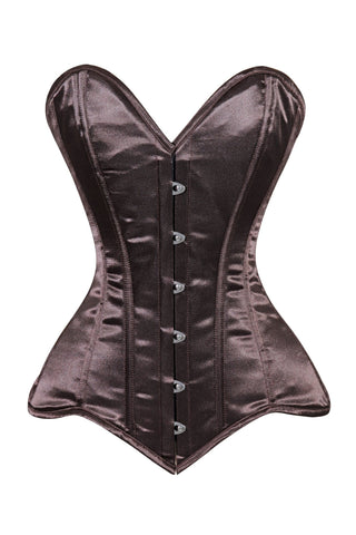 Lavish Dark Brown Satin Overbust Corset Sweetheart Neckline Busk Closure - Daisy Corsets