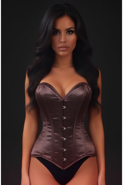 Lavish Dark Brown Satin Overbust Corset Sweetheart Neckline Busk Closure - Daisy Corsets