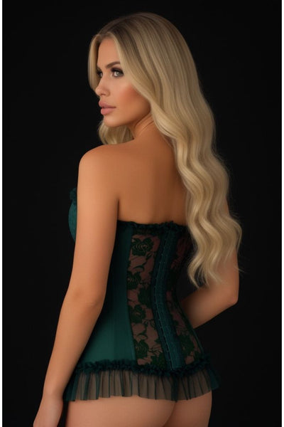 Lavish Dark Green Lycra & Lace Hook & Eye Stretch Bustier Corset - Daisy Corsets