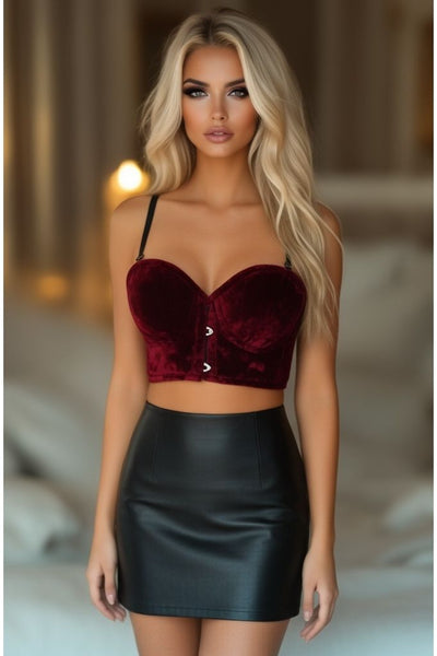 Lavish Dark Red Crushed Velvet Underwire Short Bustier - Daisy Corsets