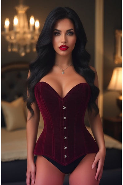 Lavish Dark Red Velvet Overbust Corset Sweetheart Neckline Busk Closure - Daisy Corsets