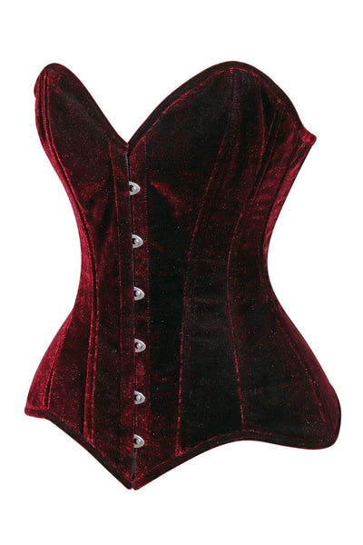 Lavish Dark Red Velvet Overbust Corset Sweetheart Neckline Busk Closure - Daisy Corsets