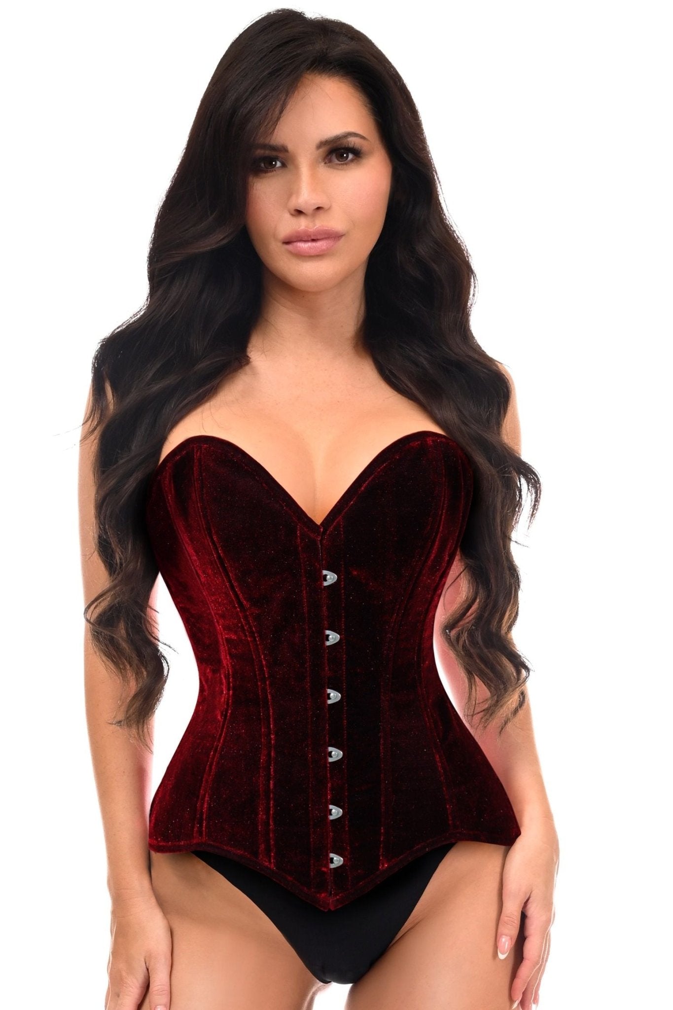 Lavish Dark Red Velvet Overbust Corset Sweetheart Neckline Busk Closure - Daisy Corsets