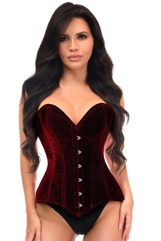 Lavish Dark Red Velvet Overbust Corset Sweetheart Neckline Busk Closure - Daisy Corsets