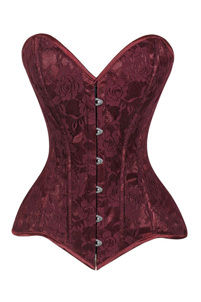 Lavish Dark Red Wine Lace Overbust Corset Sweetheart Neckline Busk Closure - Daisy Corsets