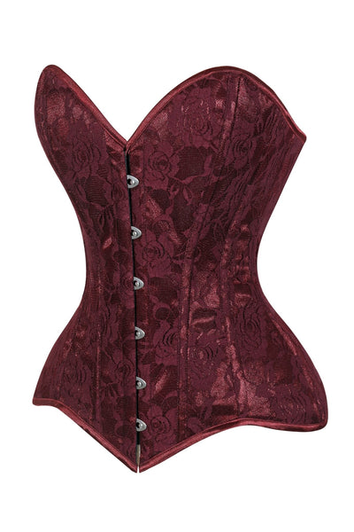 Lavish Dark Red Wine Lace Overbust Corset Sweetheart Neckline Busk Closure - Daisy Corsets