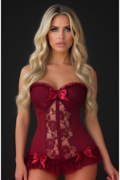 Lavish Dark Red Wine Lycra & Lace Hook & Eye Stretch Bustier Corset - Daisy Corsets