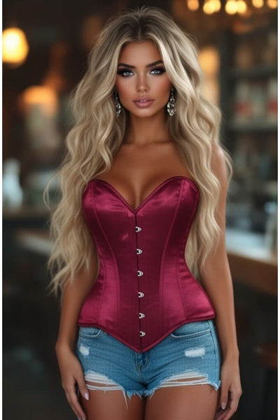 Lavish Dark Red Wine Satin Overbust Corset Sweetheart Neckline Busk Closure - Daisy Corsets