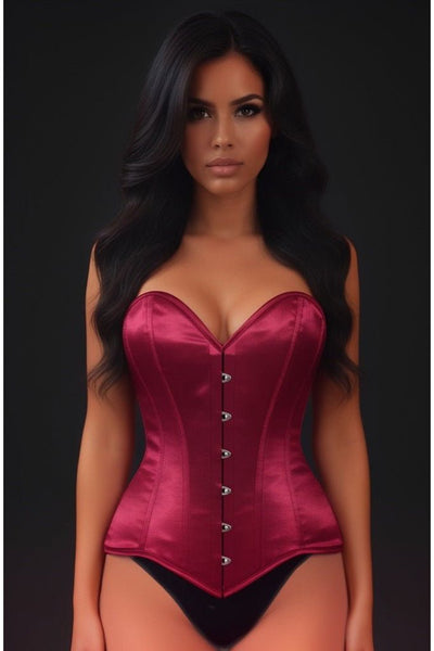 Lavish Dark Red Wine Satin Overbust Corset Sweetheart Neckline Busk Closure - Daisy Corsets