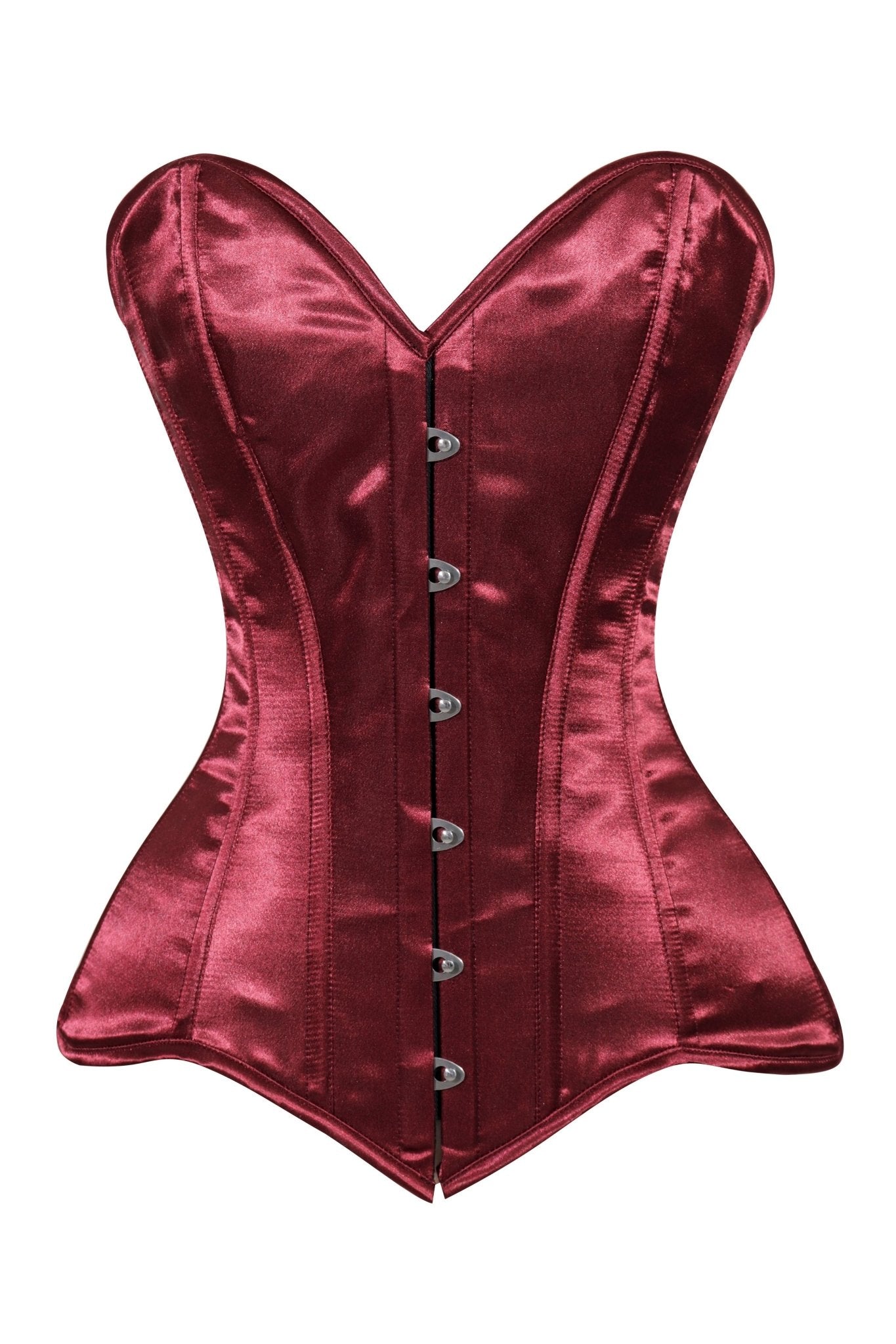 Lavish Dark Red Wine Satin Overbust Corset Sweetheart Neckline Busk Closure - Daisy Corsets