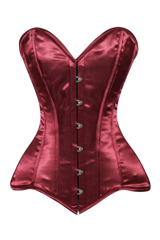Lavish Dark Red Wine Satin Overbust Corset Sweetheart Neckline Busk Closure - Daisy Corsets