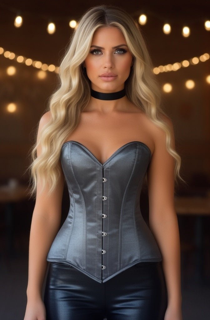 Lavish Dark Silver Overbust Corset Sweetheart Neckline Busk Closure - Daisy Corsets