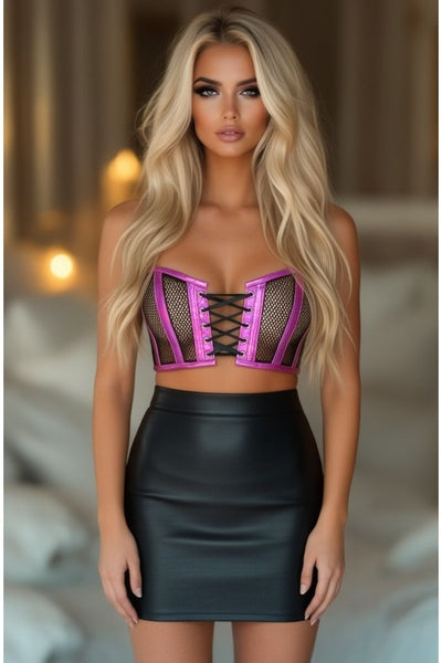 Lavish Fuchsia Holo & Fishnet Lace-Up Short Bustier Top - Daisy Corsets