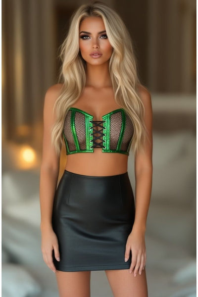 Lavish Green Holo & Fishnet Lace-Up Short Bustier Top - Daisy Corsets