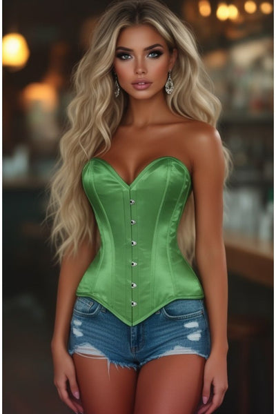 Lavish Green Satin Overbust Corset Sweetheart Neckline Busk Closure - Daisy Corsets
