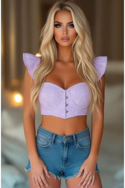 Lavish Lavender Eyelet Underwire Bustier Top w/Removable Ruffle Sleeves - Daisy Corsets