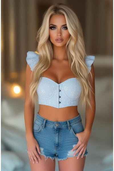 Lavish Lt Blue Eyelet Underwire Bustier Top w/Removable Ruffle Sleeves - Daisy Corsets