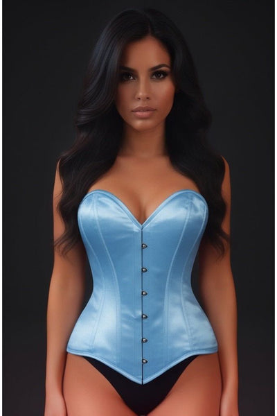 Lavish Lt Blue Satin Overbust Corset Sweetheart Neckline Busk Closure - Daisy Corsets