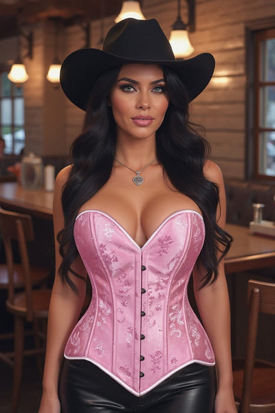 Lavish Lt Pink Brocade Overbust Corset W/Busk Closure - Daisy Corsets