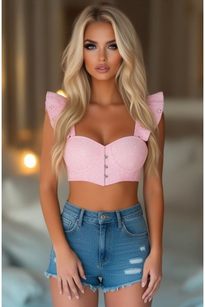 Lavish Lt Pink Eyelet Underwire Bustier Top w/Removable Ruffle Sleeves - Daisy Corsets