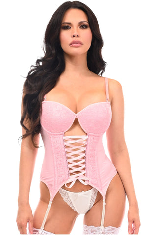 Lavish Lt Pink Lycra & Lace Hook & Eye Lace - Up Bustier Corset w/Garters - Daisy Corsets