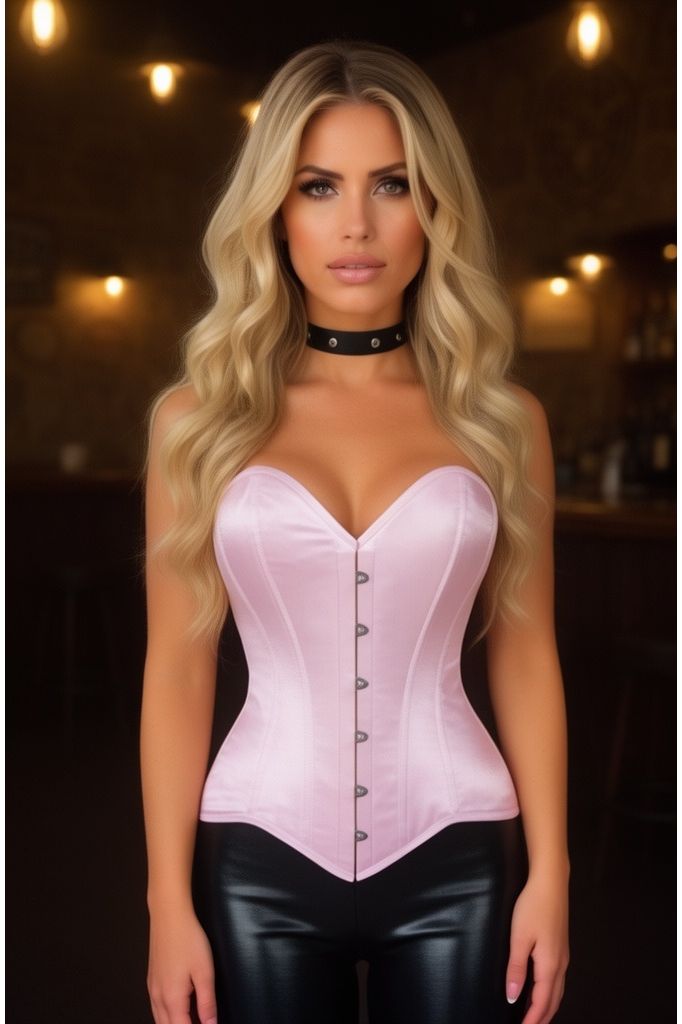 Lavish Lt Pink Satin Overbust Corset Sweetheart Neckline Busk Closure - Daisy Corsets