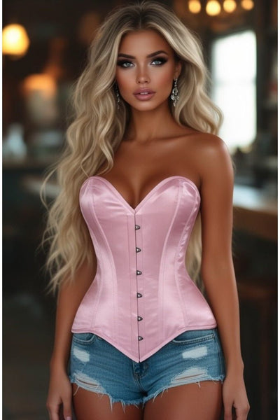 Lavish Lt Pink Satin Overbust Corset Sweetheart Neckline Busk Closure - Daisy Corsets