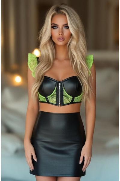 Lavish Neon Green Fishnet & Faux Leather Underwire Bustier Top w/Removable Ruffle Sleeves - Daisy Corsets
