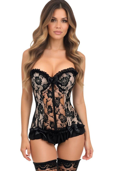 Lavish Nude w/Black Lace & Lycra Hook & Eye Stretch Bustier Corset - Daisy Corsets