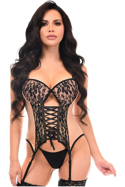 Lavish Nude/Black Lycra & Lace Hook & Eye Lace - Up Bustier Corset w/Garters - Daisy Corsets