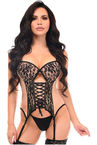 Lavish Nude/Black Lycra & Lace Hook & Eye Lace - Up Bustier Corset w/Garters - Daisy Corsets