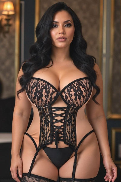 Lavish Nude/Black Lycra & Lace Hook & Eye Lace - Up Bustier Corset w/Garters - Daisy Corsets
