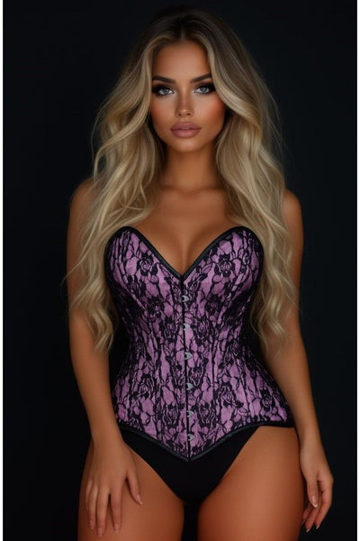 Lavish Pink/Black Lace Overbust Corset Sweetheart Neckline Busk Closure - Daisy Corsets