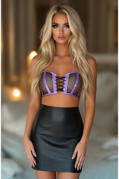 Lavish Purple Holo & Fishnet Lace-Up Short Bustier Top - Daisy Corsets