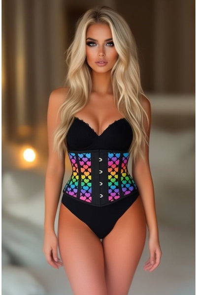 Lavish Rainbow Hearts Print Satin Mini Cincher Corset - Daisy Corsets