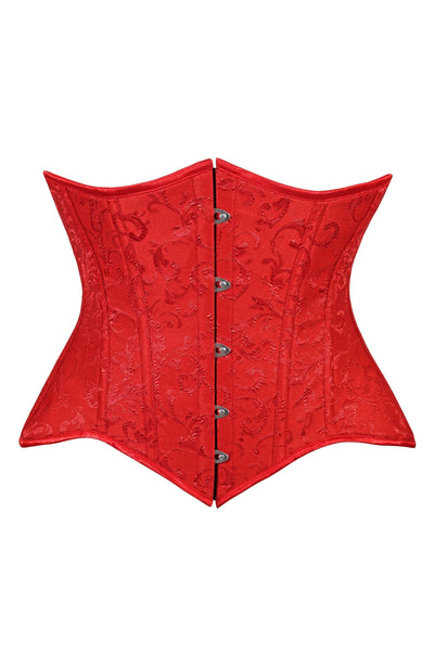 Lavish Red Brocade Waist Cincher Under Bust Corset w/Front Busk Closure - Daisy Corsets