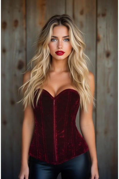 Lavish Red Crushed Velvet Overbust Corset - Daisy Corsets