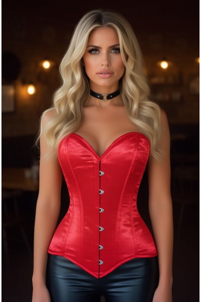 Lavish Red Satin Overbust Corset Sweetheart Neckline Busk Closure - Daisy Corsets