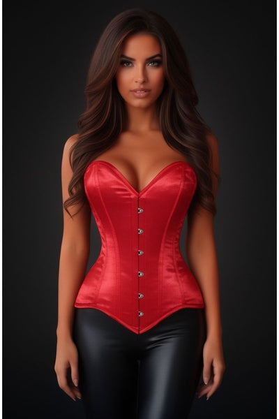 Lavish Red Satin Overbust Corset Sweetheart Neckline Busk Closure - Daisy Corsets