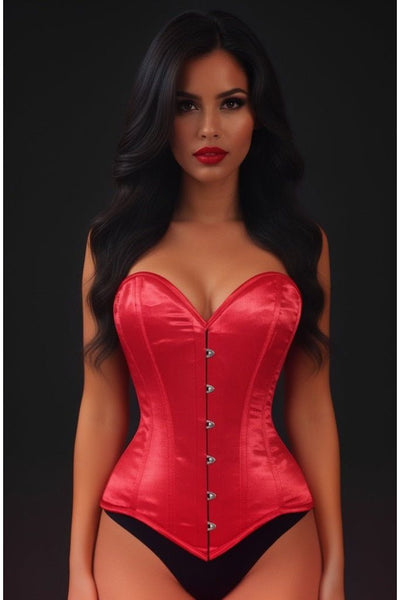 Lavish Red Satin Overbust Corset Sweetheart Neckline Busk Closure - Daisy Corsets