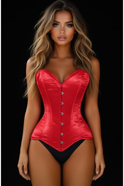Lavish Red Satin Overbust Corset Sweetheart Neckline Busk Closure - Daisy Corsets